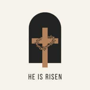 Image of a cross with a crown of thrones on it in front of an empty tomb. This image represents knowing the gospel.