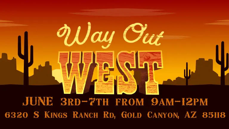 Image of the western desert at sunset. The image has all the details for Superstition Foothills Baptist Church’s VBS in Gold Canyon. The event is on June 3-7, 2024.
