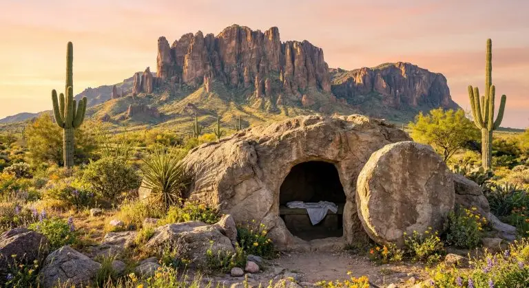 Image of the superstition mountains and an empty tomb representing Easter in Gold Canyon at Superstition Foothills Baptist Church.