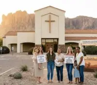 Image of women standing in front Superstition Foothills Baptist Church for the Mothers Day Church Service in the East Valley.