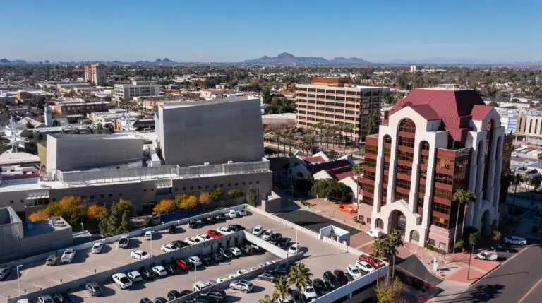 Downtown Mesa, AZ aerial view — a thriving East Valley city near Gold Canyon and Superstition Foothills Baptist Church