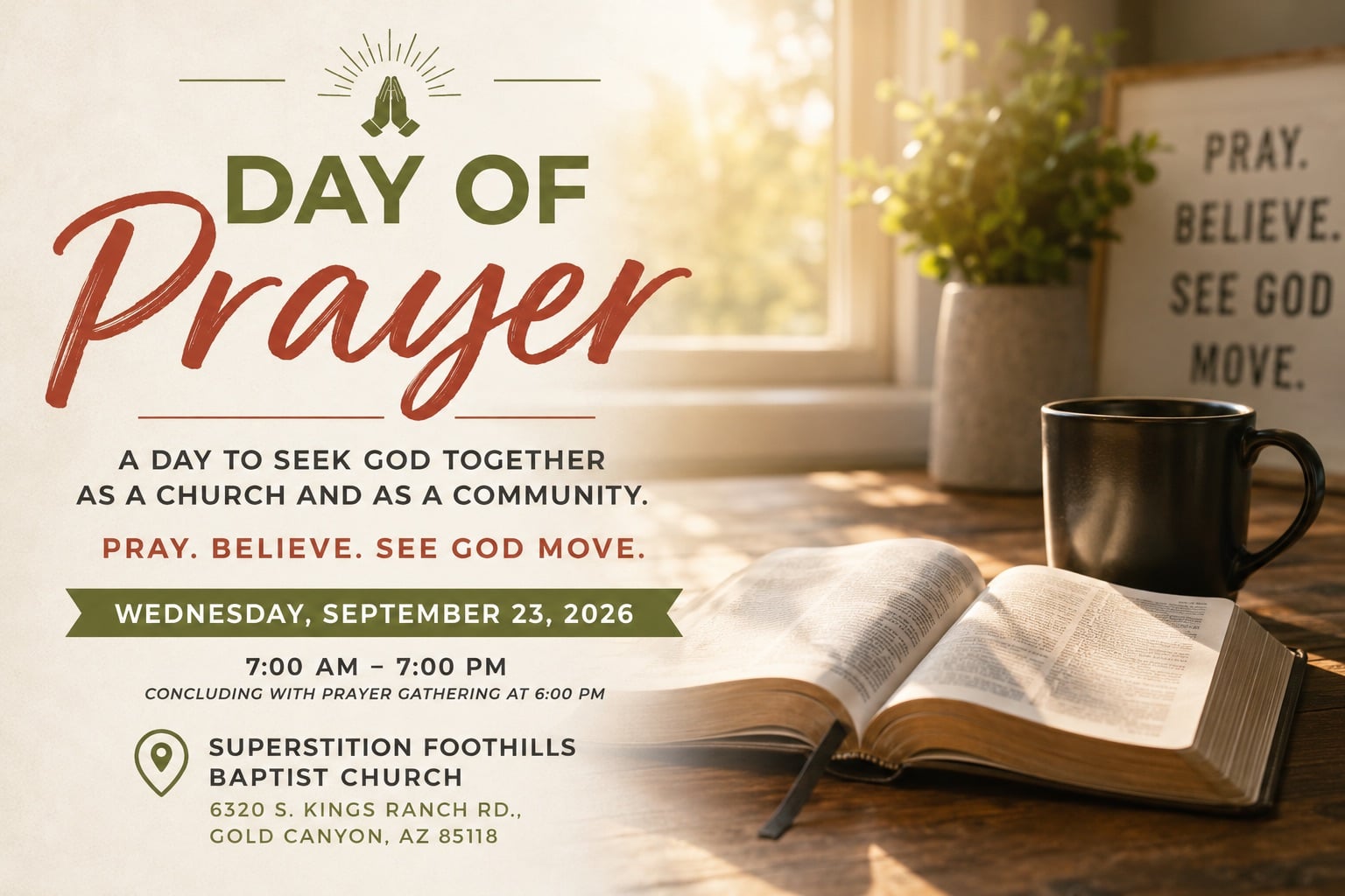 Day of Prayer flyer for Superstition Foothills Baptist Church, Wednesday September 23 2026, 7 AM to 7 PM, Gold Canyon AZ