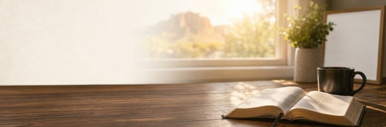 Open Bible and coffee mug on a wooden table at sunrise, with Superstition Mountain visible through the window, Day of Prayer at Superstition Foothills Baptist Church Gold Canyon AZ