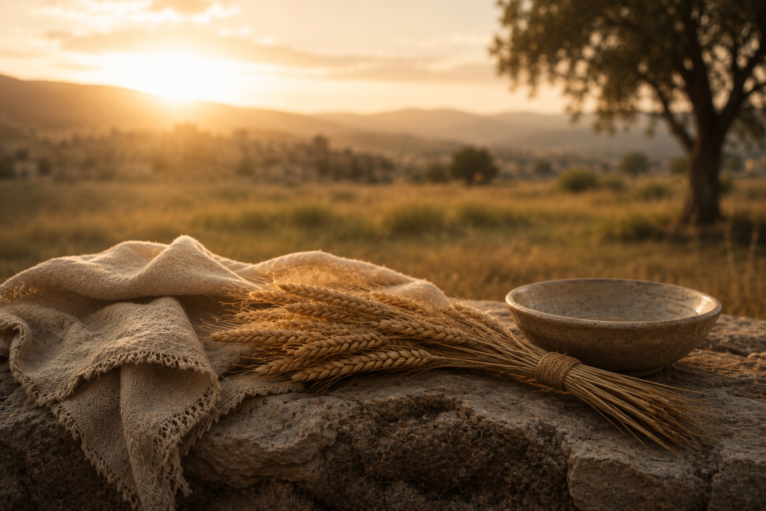 A bundle of wheat and a clay bowl on a stone wall at sunset, framed by a tree overlooking the fields of Bethlehem