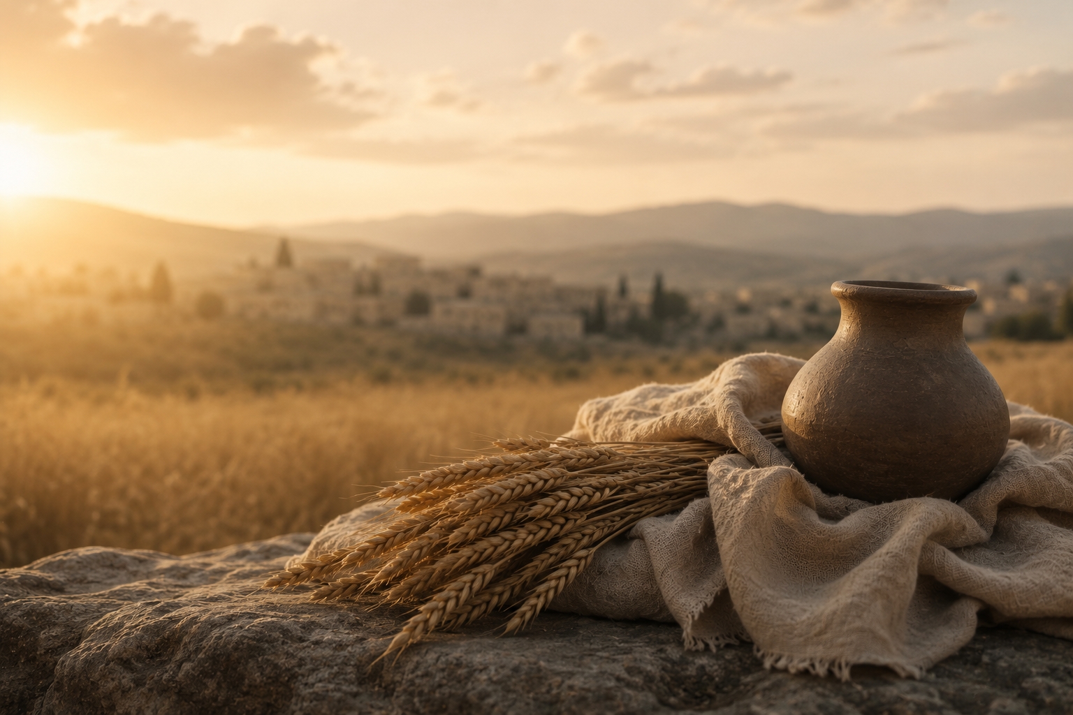 Wheat sheaf and clay jar at sunset overlooking a village in the fields of Bethlehem, Ruth sermon series at Superstition Foothills Baptist Church, Gold Canyon AZ