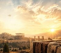 A stone wall under construction with a hammer and bucket, overlooking ancient Jerusalem with the sun low in the sky, Haggai sermon series