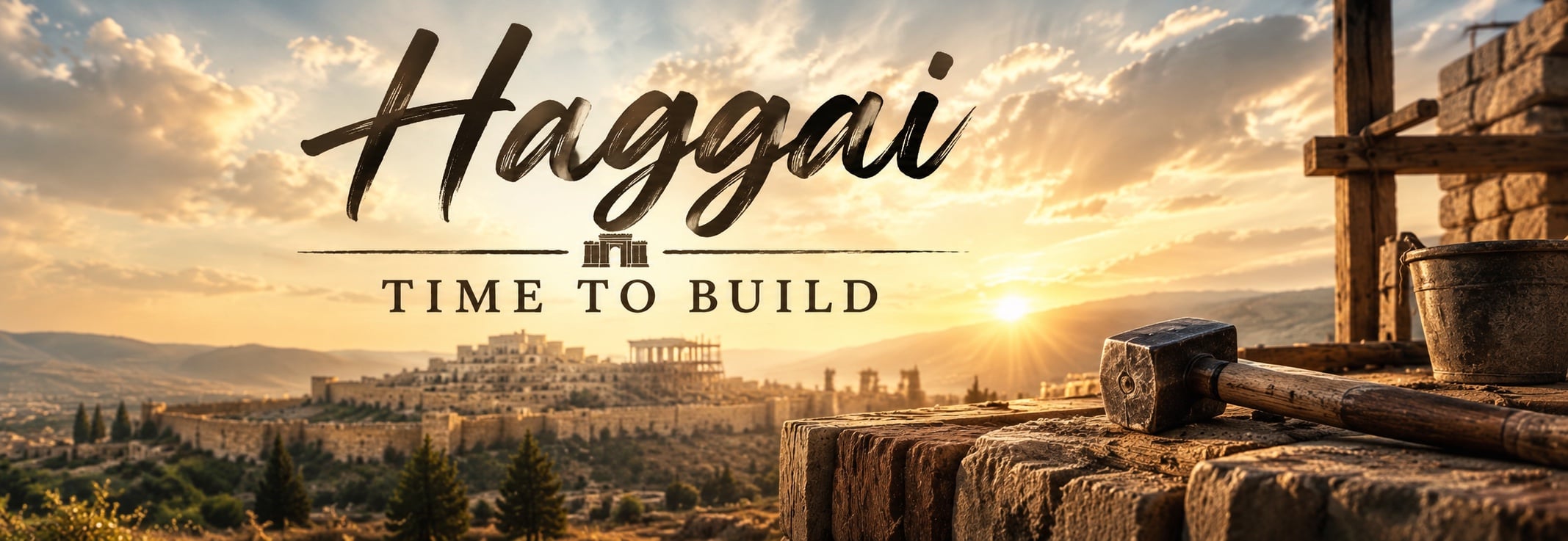 Haggai: Time to Build, sermon series graphic showing a stone wall under construction overlooking ancient Jerusalem