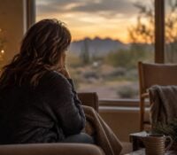 Woman sitting by a window at sunset during the holidays, looking out at the Superstition Mountains, Surviving the Holidays GriefShare seminar at Superstition Foothills Baptist Church in Gold Canyon AZ